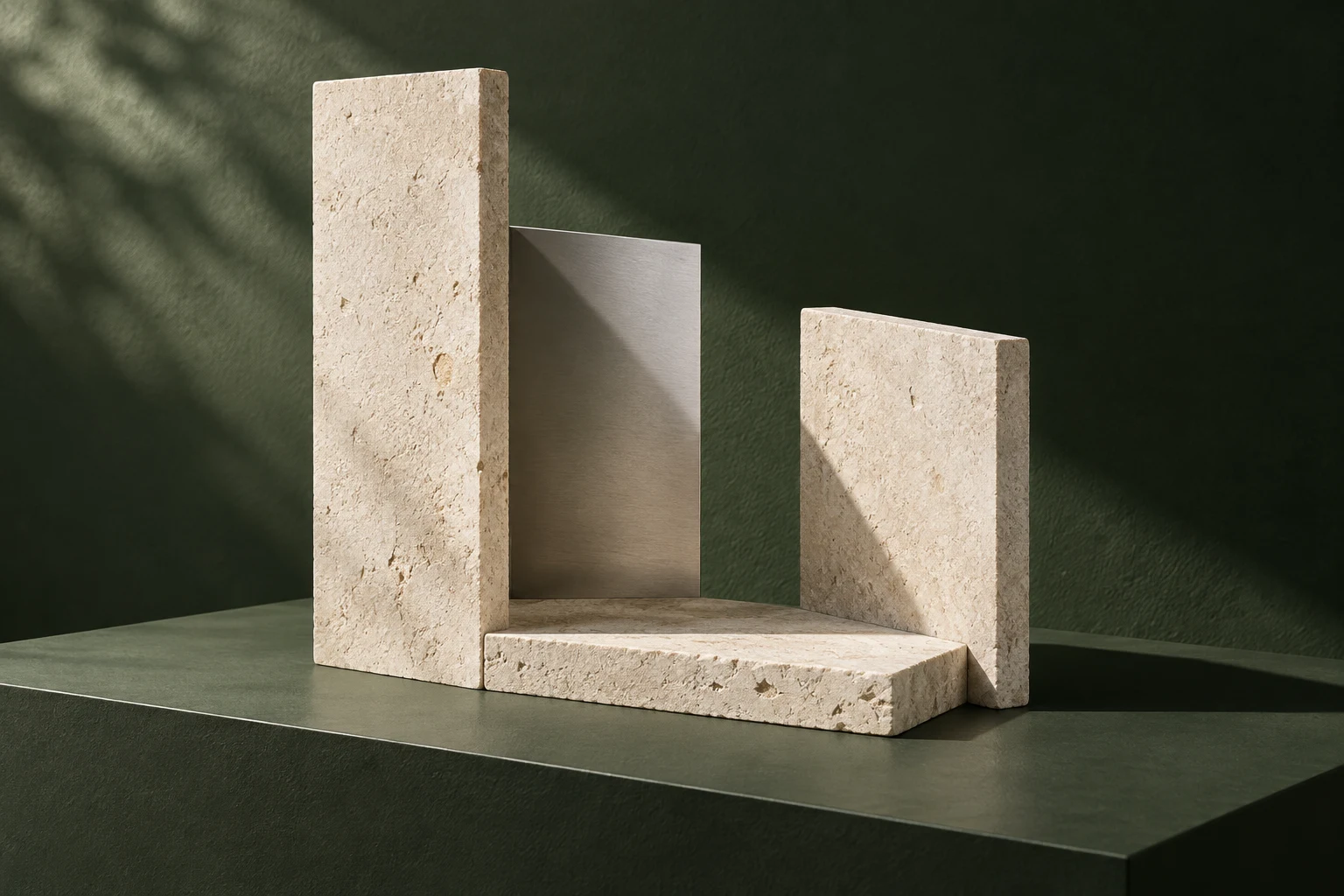 An abstract arrangement of limestone and aluminium planes in warm light